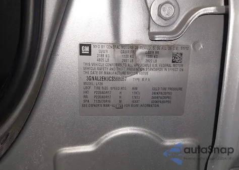 2012 Chevrolet Captiva Sport 2Ls z USA, uszkodzony, nr VIN 3GNAL2EK9CS568057